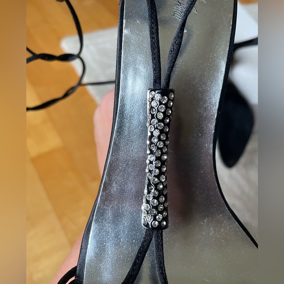 Lace up ankle black and silver heels. - Picture 2 of 7